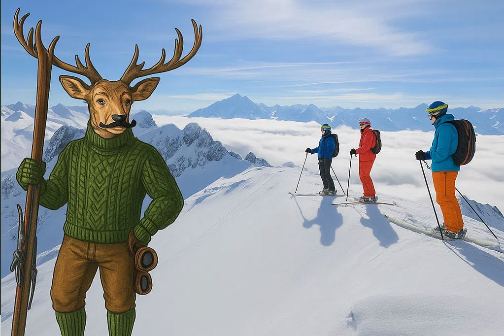 Three skiers on a snowy mountain ridge; illustrated deer in sweater stands at foreground.