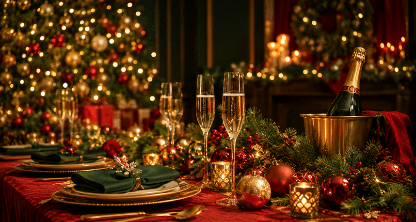 Festlich gedeckter Tisch mit Sekt, Kerzen und Weihnachtsschmuck neben einem beleuchteten Baum.